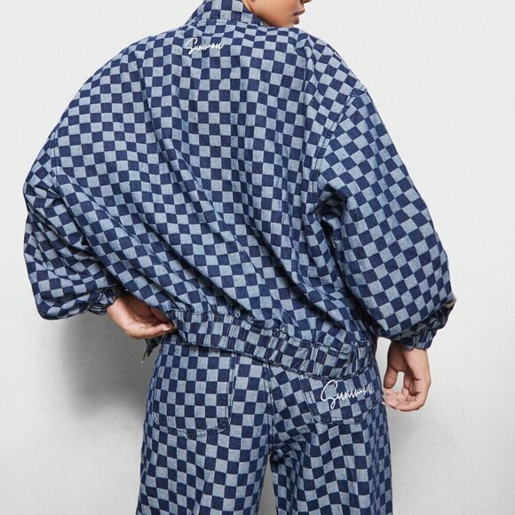 Blue Casual Women's Denim Checkboard Bomber Zip Through Jacket - Picture 2 of 4